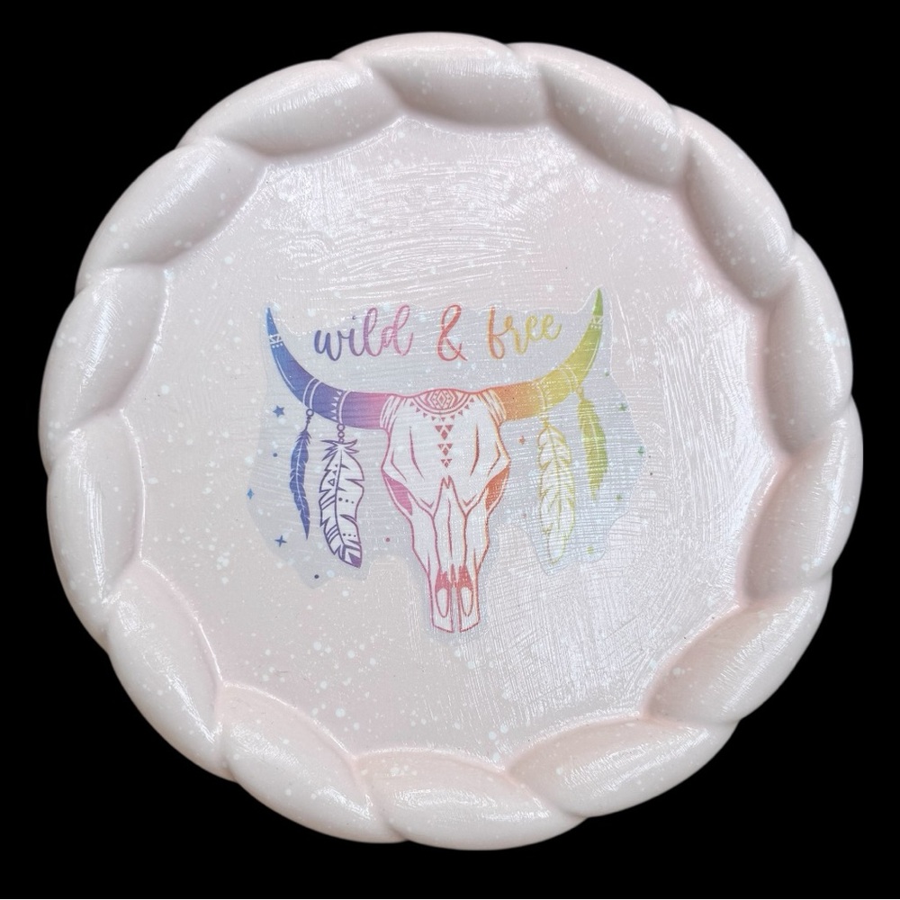 Round Pink Trinket Dish with “Wild & Free” Bull Skull Design